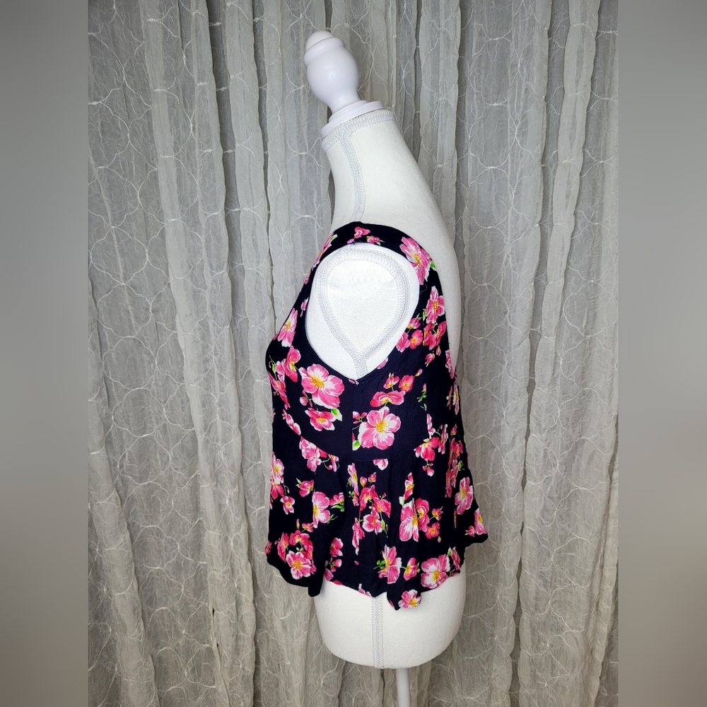 Peach Royal Navy Pink Floral Low Back Crop Peplum Tank Top Size S - Picture 2 of 4